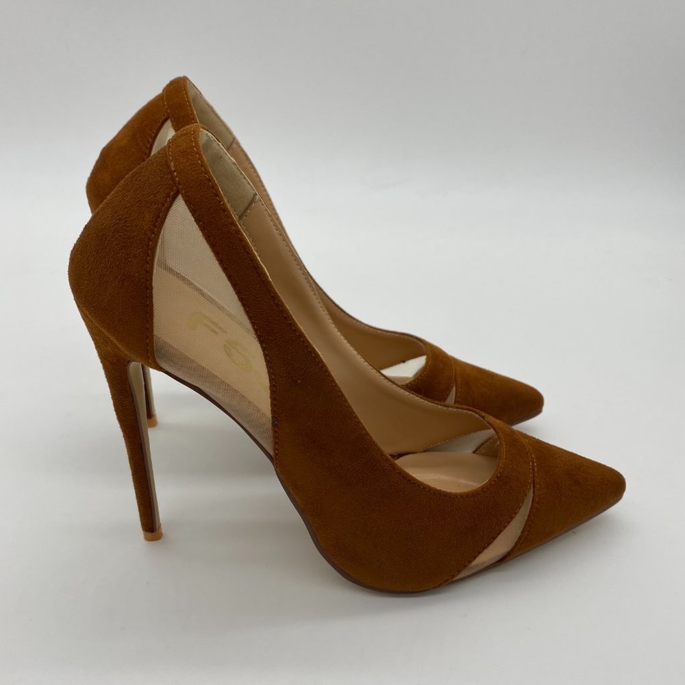 FSJ Brown Mesh High Heel Pointed Toe Pump - Picture 7 of 11